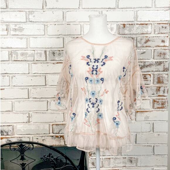 Kaari Blue Tops - Kaari Blue Delicate Embroidered Floral Ruffle Sleeve Sheer Top S